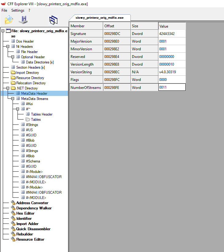 Metadata streams count in CFF Explorer